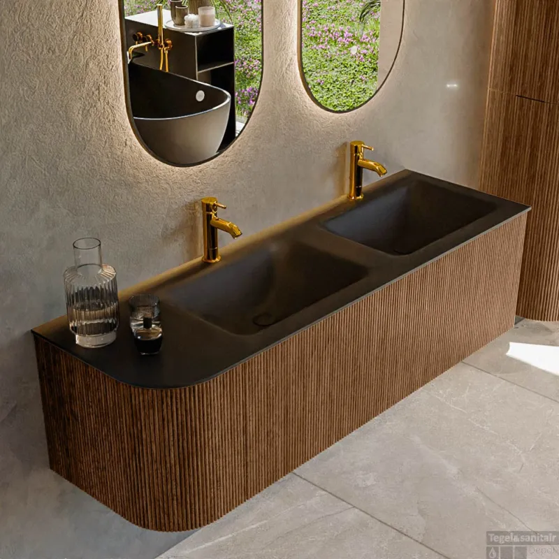 Direct Verzonden Mondiaz KURVE 145 cm Onderkast Greeploos 1 Lade Met Deuren Walnut, Wastafel Solid Surface Rechts Urban 2 Kraangaten Zonder Spiegel (KRVCLO145L1L1D2KD-Wal/Urb)