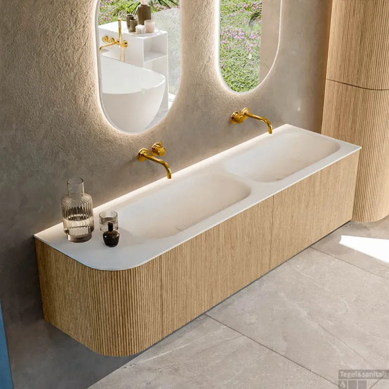Mondiaz KURVE 165 cm Onderkast Greeploos 2 Lades Met Deuren Oak, Wastafel Solid Surface Rechts Talc 0 Kraangaten Zonder Spiegel (KRVBGS165L2L1D0KD-Oak/Tal) Koop Vandaag