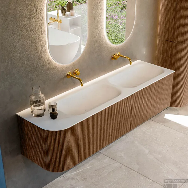 Gereduceerde Prijs Mondiaz KURVE 165 cm Onderkast Greeploos 2 Lades Met Deuren Walnut, Wastafel Solid Surface Rechts Talc 0 Kraangaten Zonder Spiegel (KRVBGS165L2L1D0KD-Wal/Tal)
