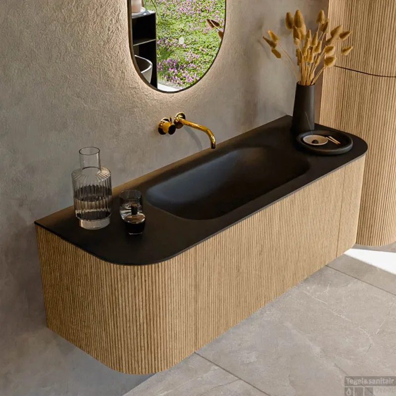 Exclusieve Aanbieding Mondiaz KURVE 130 cm Onderkast Greeploos 1 Lade Met Deuren Oak, Wastafel Solid Surface Midden Urban 0 Kraangaten Zonder Spiegel (KRVBGS130L+R1L2D0KM-Oak/Urb)