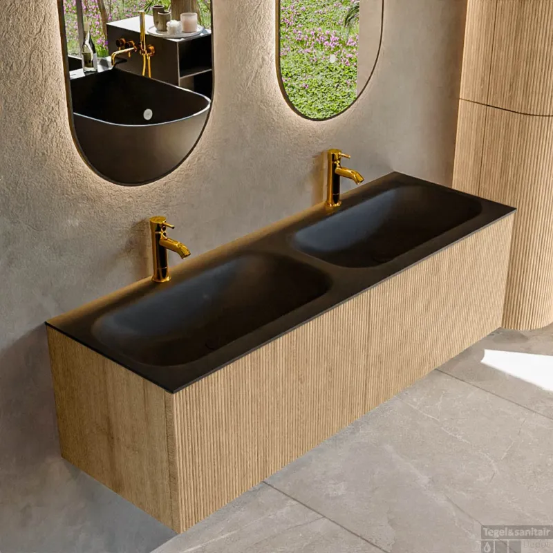 Mondiaz KURVE 140 cm Onderkast Greeploos 2 Lades Zonder Deuren Oak, Wastafel Solid Surface Dubbel Urban 2 Kraangaten Zonder Spiegel (KRVBGS1402L0D2KD-Oak/Urb) Koopje