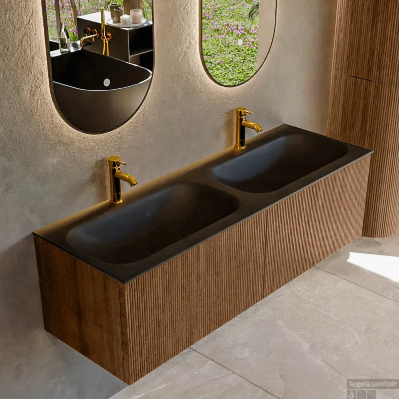 Meest Verkocht Mondiaz KURVE 140 cm Onderkast Greeploos 2 Lades Zonder Deuren Walnut, Wastafel Solid Surface Dubbel Urban 2 Kraangaten Zonder Spiegel (KRVBGS1402L0D2KD-Wal/Urb)