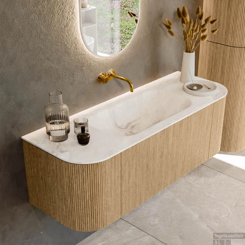 Rechtstreeks Van De Fabrikant Mondiaz KURVE-DLUX 130 cm Onderkast Greeploos 1 Lade Met Deuren Oak, Wastafel Solid Surface Midden Frappe 0 Kraangaten Zonder Spiegel (KRVBGS130L+R1L2D0KM-Oak/Fra)