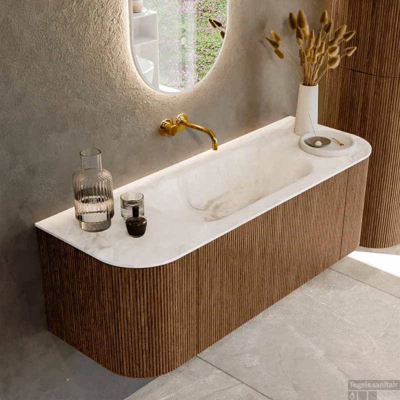 Lage Kosten Mondiaz KURVE-DLUX 130 cm Onderkast Greeploos 1 Lade Met Deuren Walnut, Wastafel Solid Surface Midden Frappe 0 Kraangaten Zonder Spiegel (KRVBGS130L+R1L2D0KM-Wal/Fra)
