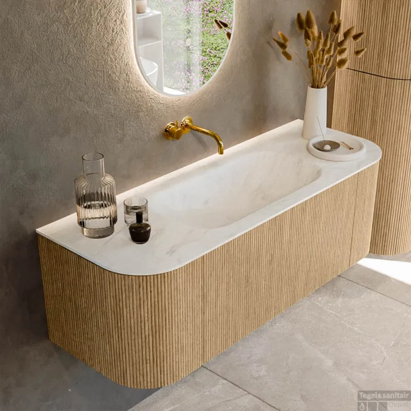 Bestel Nu Mondiaz KURVE-DLUX 130 cm Onderkast Greeploos 1 Lade Met Deuren Oak, Wastafel Solid Surface Midden Opalo 0 Kraangaten Zonder Spiegel (KRVBGS130L+R1L2D0KM-Oak/Opa)