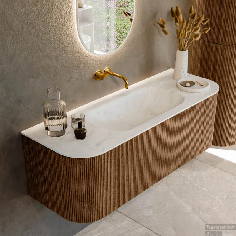 Dagaanbieding Mondiaz KURVE-DLUX 130 cm Onderkast Greeploos 1 Lade Met Deuren Walnut, Wastafel Solid Surface Midden Opalo 0 Kraangaten Zonder Spiegel (KRVBGS130L+R1L2D0KM-Wal/Opa)