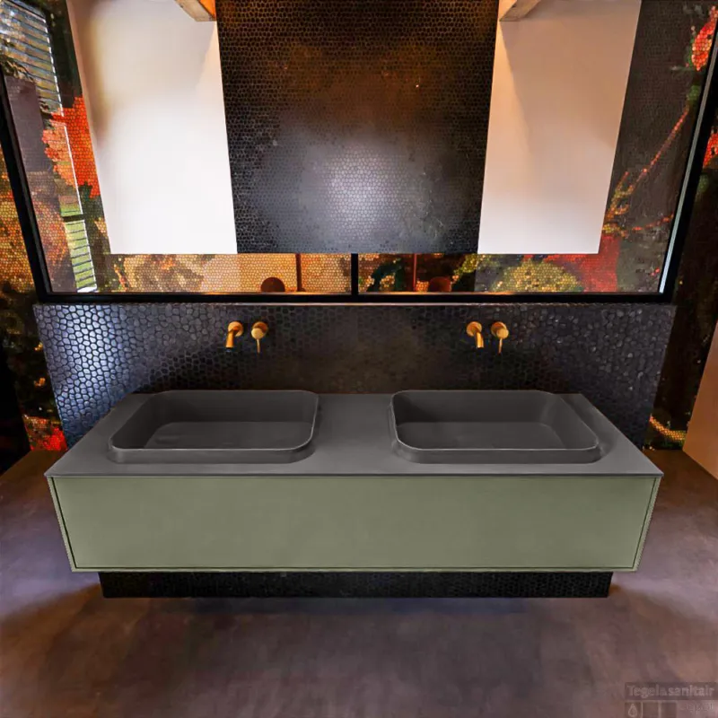 Badkamermeubelset Mondiaz Erin 150 cm met 1 Lade met RIDGE Wastafel Dubbel Dark grey Zonder Kraangaten Greeploos Mat Army Bestel Nu