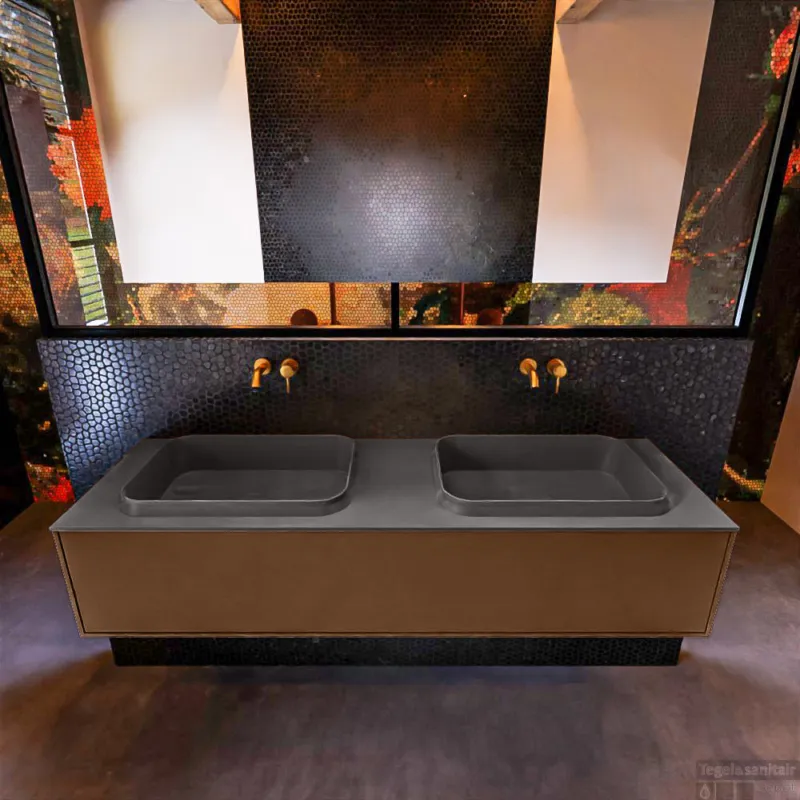 Aanbieding Badkamermeubelset Mondiaz Erin 150 cm met 1 Lade met RIDGE Wastafel Dubbel Dark grey Zonder Kraangaten Greeploos Mat Rust