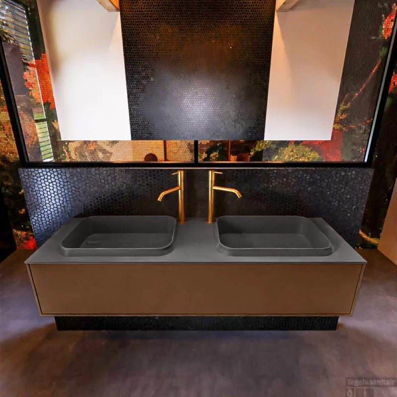 Flitsaanbieding Badkamermeubelset Mondiaz Erin 150 cm met 1 Lade met RIDGE Wastafel Dubbel Dark grey met 2 kraangaten Greeploos Mat Rust