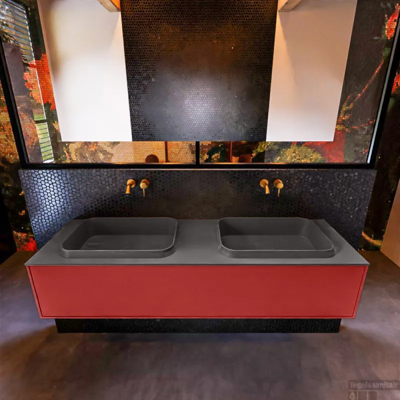 Badkamermeubelset Mondiaz Erin 150 cm met 1 Lade met RIDGE Wastafel Dubbel Dark grey Zonder Kraangaten Greeploos Mat Fire Uitverkoop