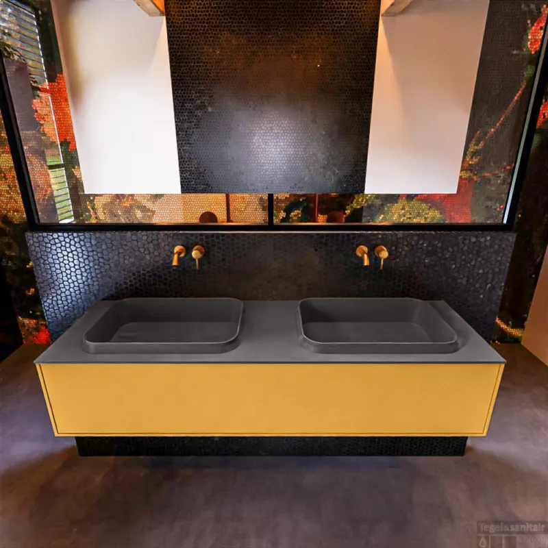 Badkamermeubelset Mondiaz Erin 150 cm met 1 Lade met RIDGE Wastafel Dubbel Dark grey Zonder Kraangaten Greeploos Mat Ocher Bestel Nu