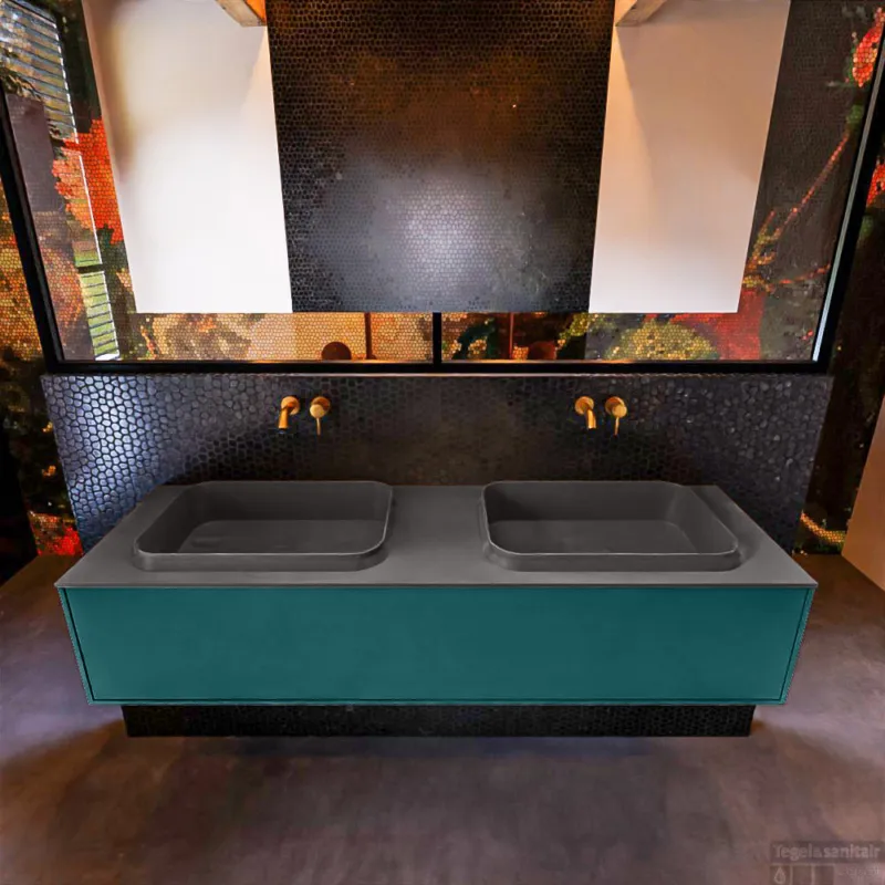 Beste Prijs Badkamermeubelset Mondiaz Erin 150 cm met 1 Lade met RIDGE Wastafel Dubbel Dark grey Zonder Kraangaten Greeploos Mat Smag