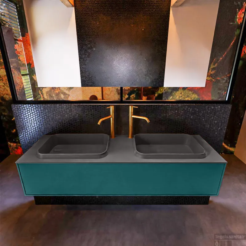 Badkamermeubelset Mondiaz Erin 150 cm met 1 Lade met RIDGE Wastafel Dubbel Dark grey met 2 kraangaten Greeploos Mat Smag Hoge Kwaliteit