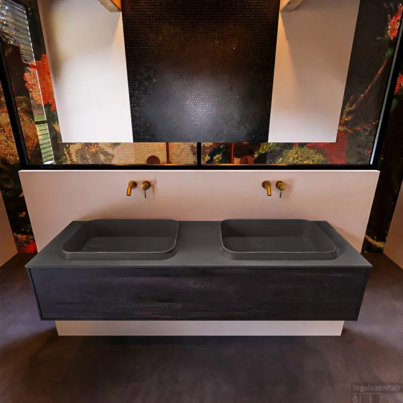 Badkamermeubelset Mondiaz Erin 150 cm met 1 Lade met RIDGE Wastafel Dubbel Dark grey Zonder Kraangaten Greeploos Mat Antracite Laatste Versie
