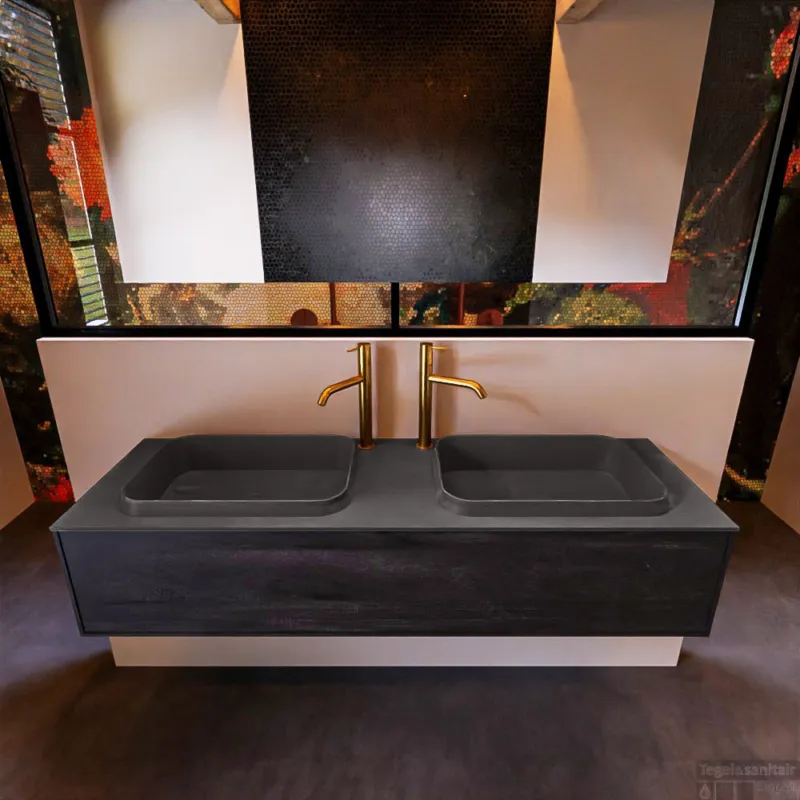 Badkamermeubelset Mondiaz Erin 150 cm met 1 Lade met RIDGE Wastafel Dubbel Dark grey met 2 kraangaten Greeploos Mat Antracite Premium