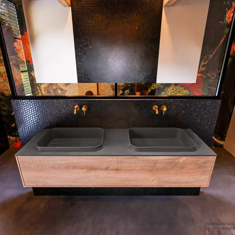 Aanbieding Badkamermeubelset Mondiaz Erin 150 cm met 1 Lade met RIDGE Wastafel Dubbel Dark grey Zonder Kraangaten Greeploos Mat Washed Oak