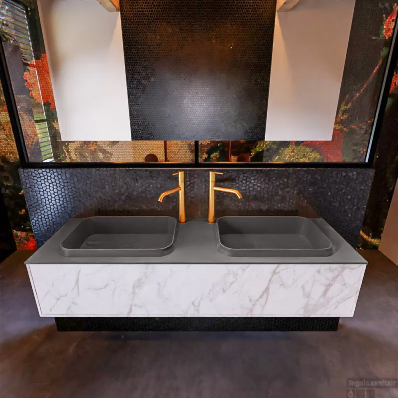 Badkamermeubelset Mondiaz Erin 150 cm met 1 Lade met RIDGE Wastafel Dubbel Dark grey met 2 kraangaten Greeploos Mat Carrara Snelle Levering