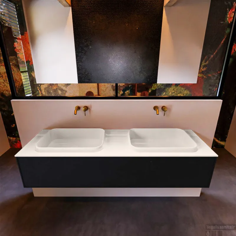 Badkamermeubelset Mondiaz Erin 150 cm met 1 Lade met RIDGE Wastafel Dubbel Linen Zonder Kraangaten Greeploos Mat Urban Koop Online