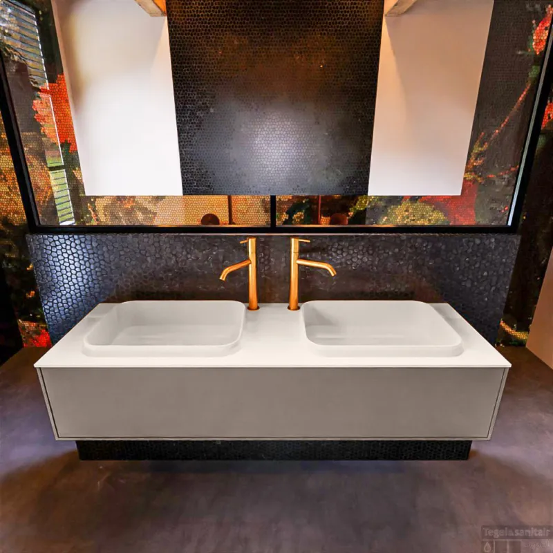 Badkamermeubelset Mondiaz Erin 150 cm met 1 Lade met RIDGE Wastafel Dubbel Linen met 2 kraangaten Greeploos Mat Smoke Rechtstreeks Van De Fabrikant