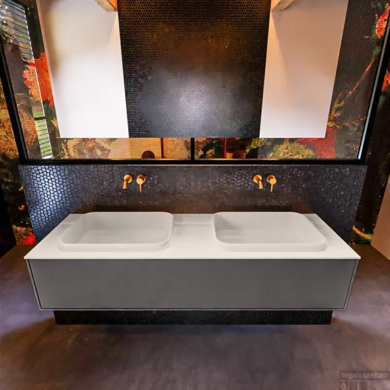Badkamermeubelset Mondiaz Erin 150 cm met 1 Lade met RIDGE Wastafel Dubbel Linen Zonder Kraangaten Greeploos Mat Dark Grey Aanbieding