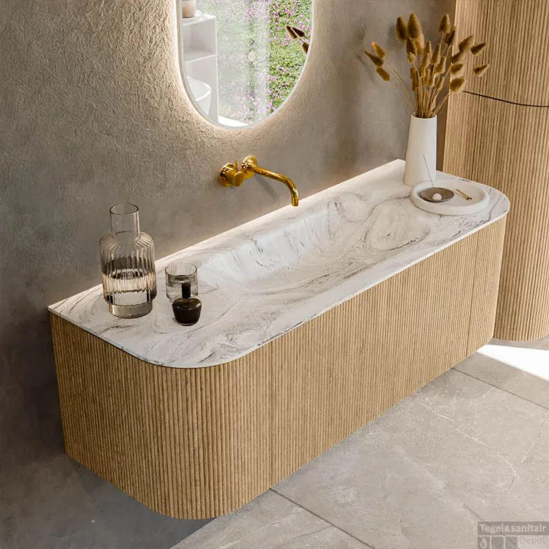Goedkoop Mondiaz KURVE-DLUX 130 cm Onderkast Greeploos 1 Lade Met Deuren Oak, Wastafel Solid Surface Midden Glace 0 Kraangaten Zonder Spiegel (KRVBGS130L+R1L2D0KM-Oak/Gla)