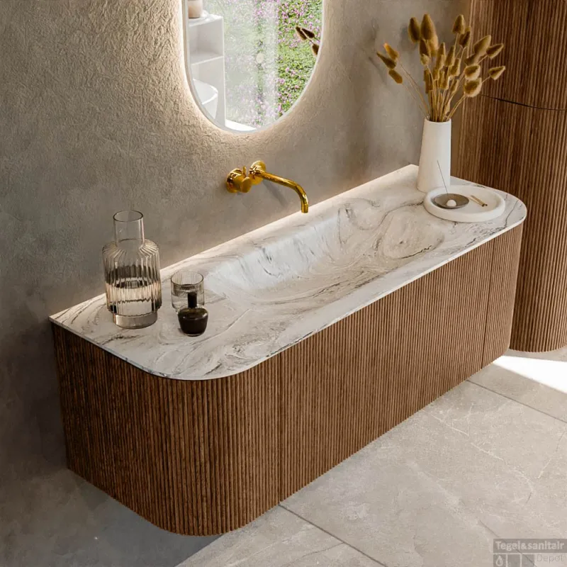 Gratis Retour Mondiaz KURVE-DLUX 130 cm Onderkast Greeploos 1 Lade Met Deuren Walnut, Wastafel Solid Surface Midden Glace 0 Kraangaten Zonder Spiegel (KRVBGS130L+R1L2D0KM-Wal/Gla)
