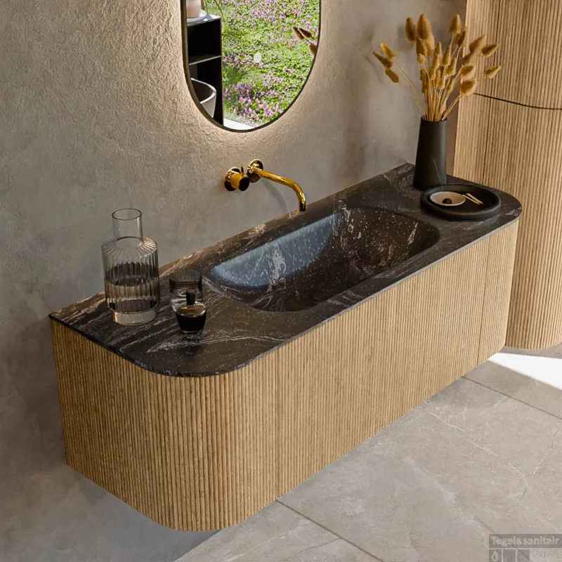 Mondiaz KURVE-DLUX 130 cm Onderkast Greeploos 1 Lade Met Deuren Oak, Wastafel Solid Surface Midden Lava 0 Kraangaten Zonder Spiegel (KRVBGS130L+R1L2D0KM-Oak/Lav) Beperkt Aanbod