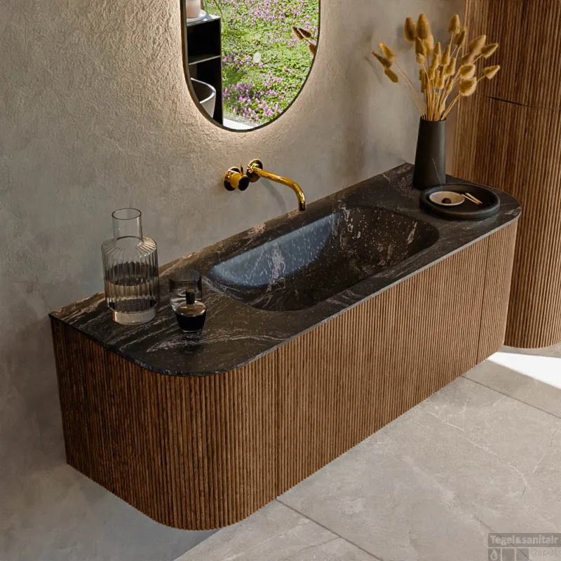 Laatste Versie Mondiaz KURVE-DLUX 130 cm Onderkast Greeploos 1 Lade Met Deuren Walnut, Wastafel Solid Surface Midden Lava 0 Kraangaten Zonder Spiegel (KRVBGS130L+R1L2D0KM-Wal/Lav)