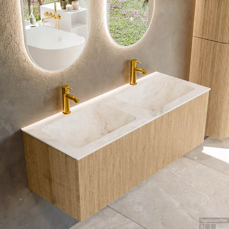 Mondiaz KURVE-DLUX 120 cm Onderkast Greeploos 1 Lade Zonder Deuren Oak, Wastafel Solid Surface Dubbel Frappe 2 Kraangaten Zonder Spiegel (KRVLEA1201L0D2KD-Oak/Fra) Lage Kosten