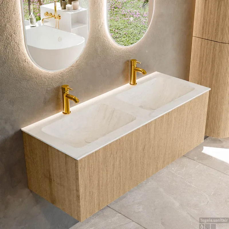 Gratis Retour Mondiaz KURVE-DLUX 120 cm Onderkast Greeploos 1 Lade Zonder Deuren Oak, Wastafel Solid Surface Dubbel Opalo 2 Kraangaten Zonder Spiegel (KRVLEA1201L0D2KD-Oak/Opa)