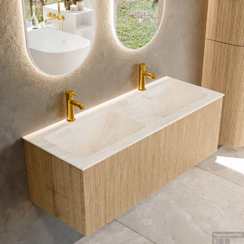 Mondiaz KURVE-DLUX 120 cm Onderkast Greeploos 1 Lade Zonder Deuren Oak, Wastafel Solid Surface Dubbel Ostra 2 Kraangaten Zonder Spiegel (KRVLEA1201L0D2KD-Oak/Ost) Laatste Kans