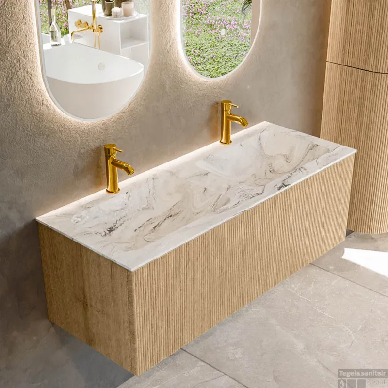 Seizoensaanbieding Mondiaz KURVE-DLUX 120 cm Onderkast Greeploos 1 Lade Zonder Deuren Oak, Wastafel Solid Surface Dubbel Glace 2 Kraangaten Zonder Spiegel (KRVLEA1201L0D2KD-Oak/Gla)