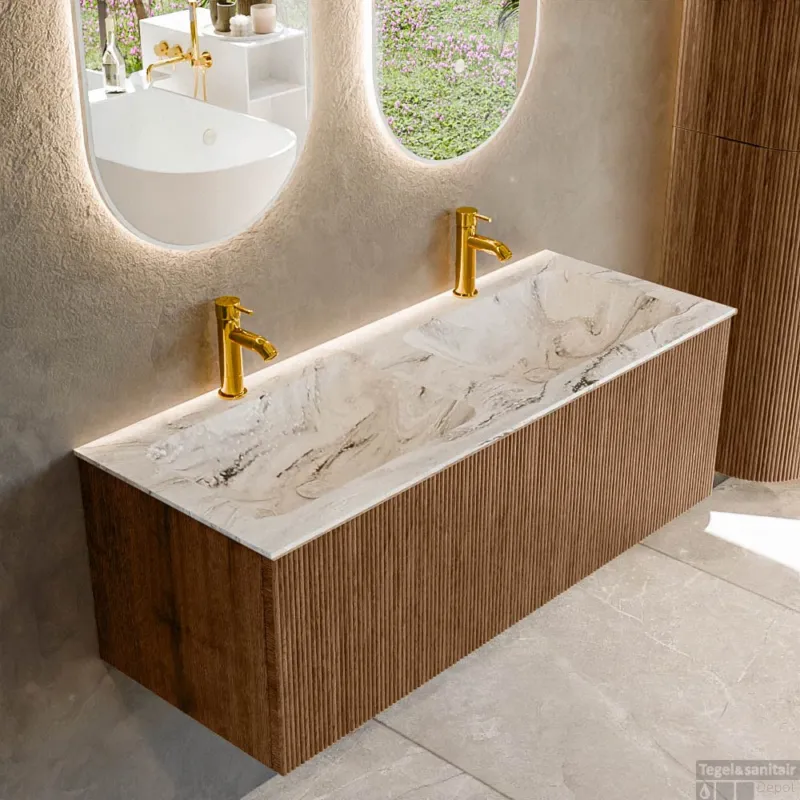 Mondiaz KURVE-DLUX 120 cm Onderkast Greeploos 1 Lade Zonder Deuren Walnut, Wastafel Solid Surface Dubbel Glace 2 Kraangaten Zonder Spiegel (KRVLEA1201L0D2KD-Wal/Gla) Bestel Nu