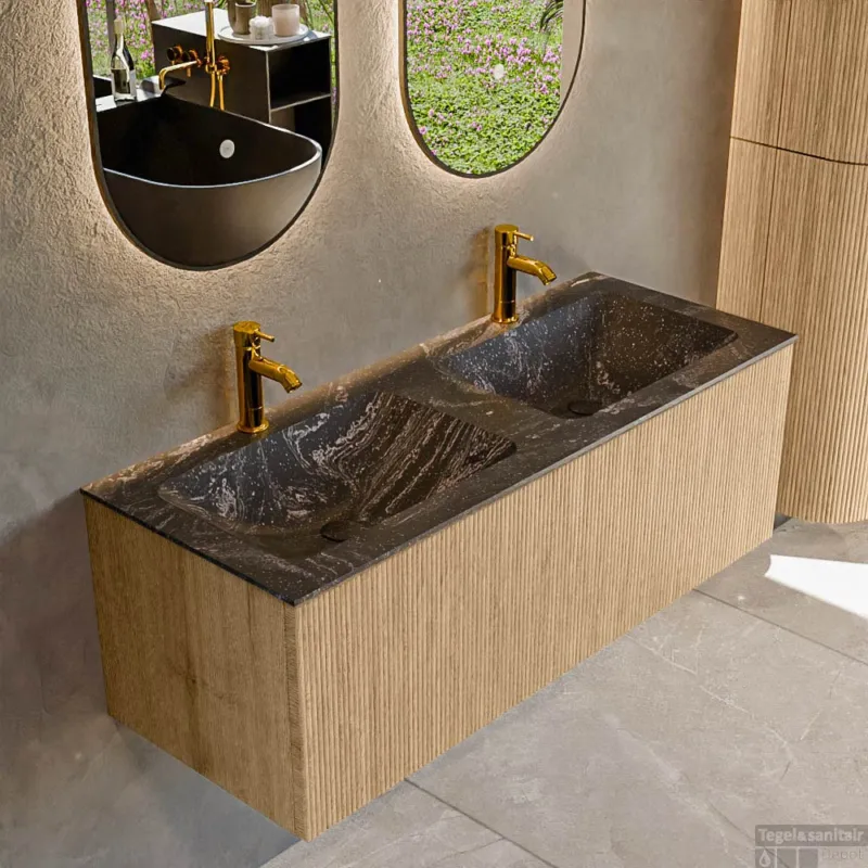 Gecertificeerd Mondiaz KURVE-DLUX 120 cm Onderkast Greeploos 1 Lade Zonder Deuren Oak, Wastafel Solid Surface Dubbel Lava 2 Kraangaten Zonder Spiegel (KRVLEA1201L0D2KD-Oak/Lav)