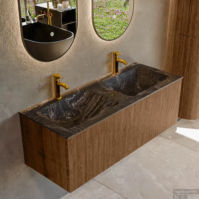 Mondiaz KURVE-DLUX 120 cm Onderkast Greeploos 1 Lade Zonder Deuren Walnut, Wastafel Solid Surface Dubbel Lava 2 Kraangaten Zonder Spiegel (KRVLEA1201L0D2KD-Wal/Lav) Gecertificeerd