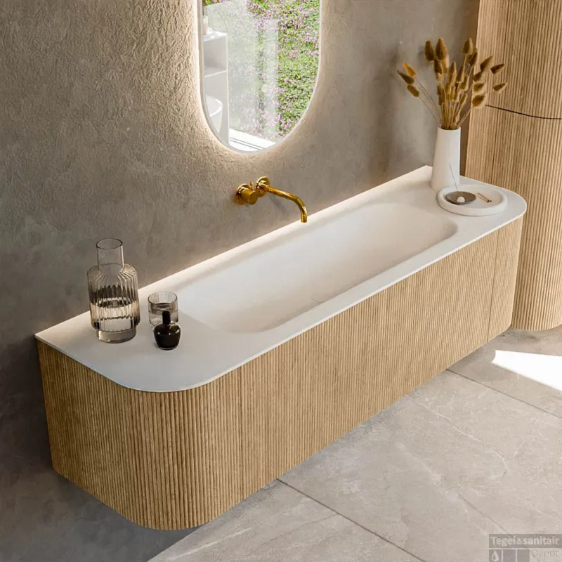 Betrouwbaar Mondiaz KURVE 160 cm Onderkast Greeploos 1 Lade Met Deuren Oak, Wastafel Solid Surface Midden Talc 0 Kraangaten Zonder Spiegel (KRVBGM160L+R1L2D0KM-Oak/Tal)