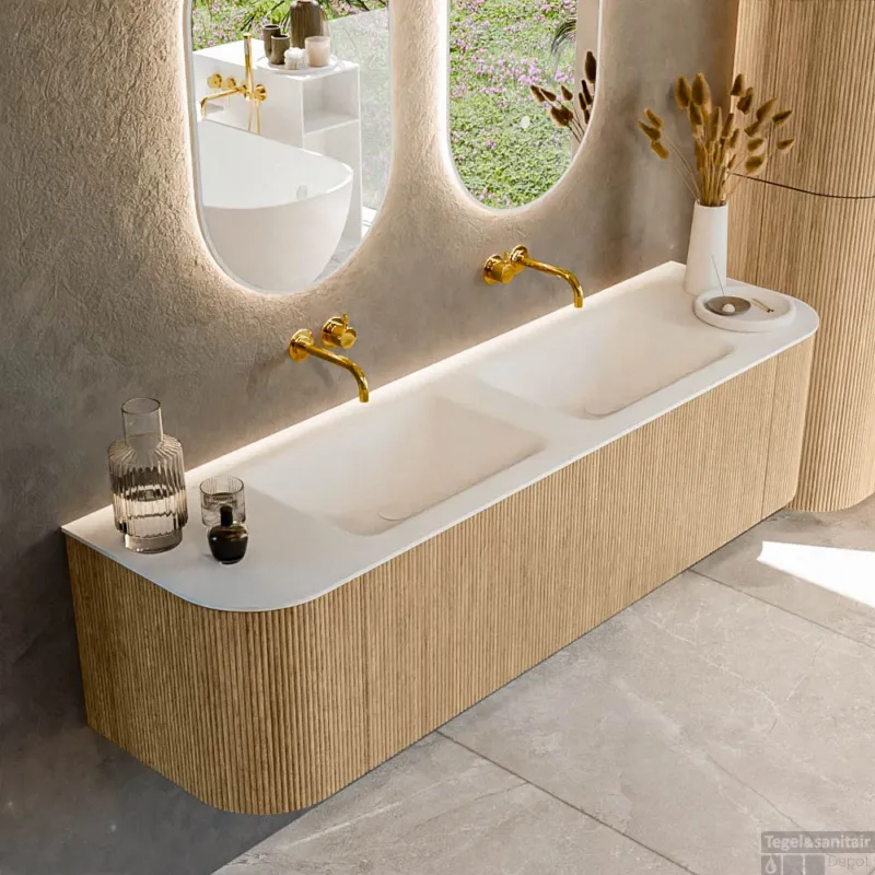 Mondiaz KURVE 170 cm Onderkast Greeploos 1 Lade Met Deuren Oak, Wastafel Solid Surface Dubbel Talc 0 Kraangaten Zonder Spiegel (KRVCLO170L+R1L2D0KD-Oak/Tal) Nieuw