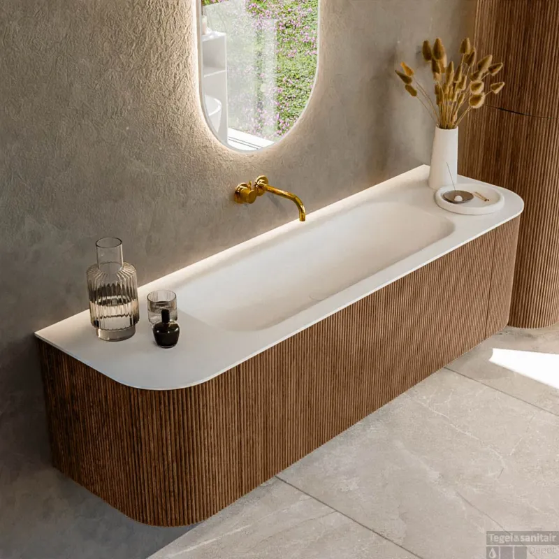 Hete Deal Mondiaz KURVE 160 cm Onderkast Greeploos 1 Lade Met Deuren Walnut, Wastafel Solid Surface Midden Talc 0 Kraangaten Zonder Spiegel (KRVBGM160L+R1L2D0KM-Wal/Tal)