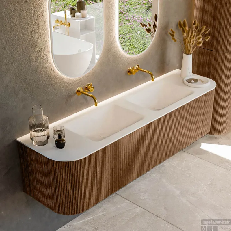 Bestseller Mondiaz KURVE 170 cm Onderkast Greeploos 1 Lade Met Deuren Walnut, Wastafel Solid Surface Dubbel Talc 0 Kraangaten Zonder Spiegel (KRVCLO170L+R1L2D0KD-Wal/Tal)