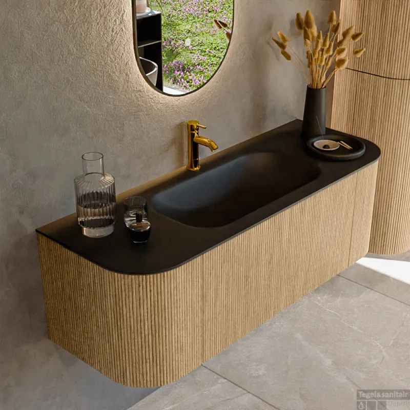 Favoriet Mondiaz KURVE 130 cm Onderkast Greeploos 1 Lade Met Deuren Oak, Wastafel Solid Surface Midden Urban 1 Kraangat Zonder Spiegel (KRVBGS130L+R1L2D1KM-Oak/Urb)