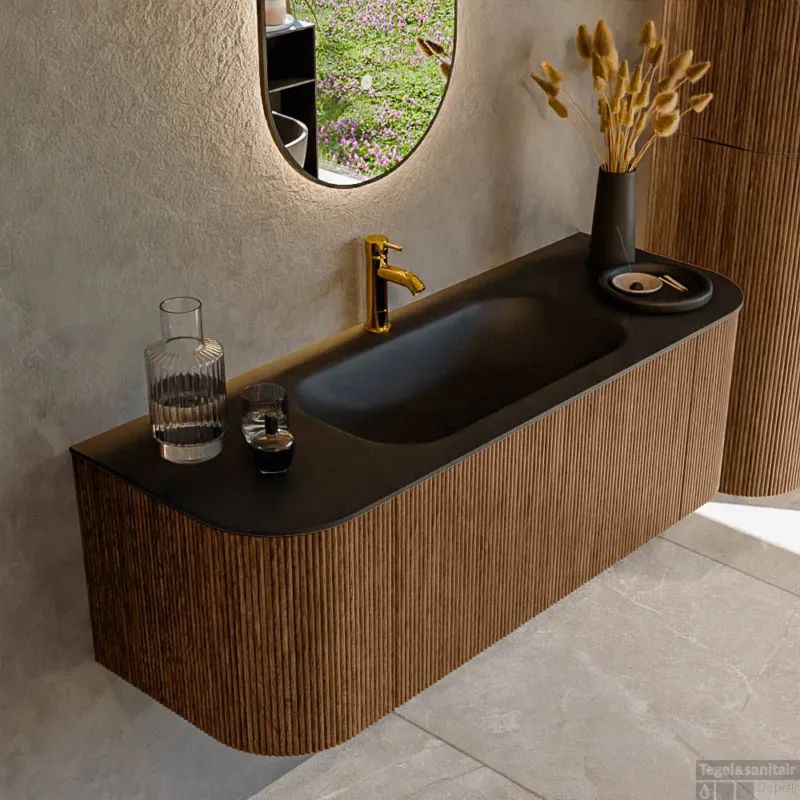 Betrouwbaar Mondiaz KURVE 130 cm Onderkast Greeploos 1 Lade Met Deuren Walnut, Wastafel Solid Surface Midden Urban 1 Kraangat Zonder Spiegel (KRVBGS130L+R1L2D1KM-Wal/Urb)