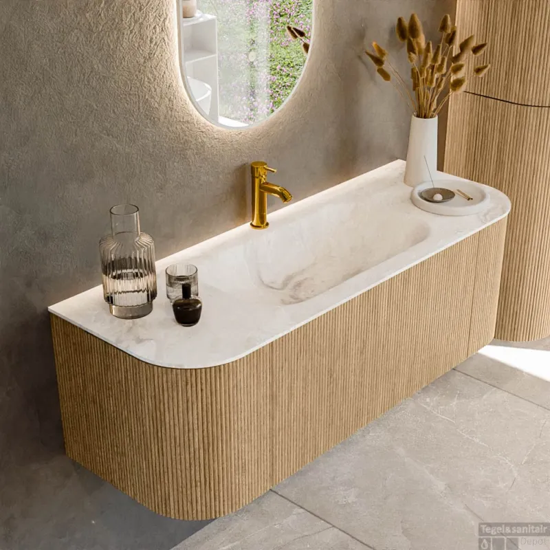 Mondiaz KURVE-DLUX 130 cm Onderkast Greeploos 1 Lade Met Deuren Oak, Wastafel Solid Surface Midden Frappe 1 Kraangat Zonder Spiegel (KRVBGS130L+R1L2D1KM-Oak/Fra) Voordeelprijs