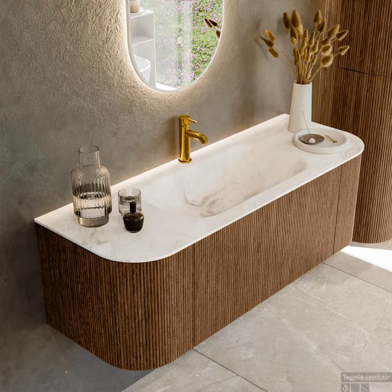 Mondiaz KURVE-DLUX 130 cm Onderkast Greeploos 1 Lade Met Deuren Walnut, Wastafel Solid Surface Midden Frappe 1 Kraangat Zonder Spiegel (KRVBGS130L+R1L2D1KM-Wal/Fra) Beperkte Voorraad