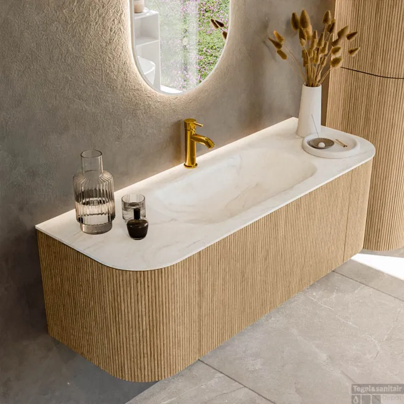Gecertificeerd Mondiaz KURVE-DLUX 130 cm Onderkast Greeploos 1 Lade Met Deuren Oak, Wastafel Solid Surface Midden Ostra 1 Kraangat Zonder Spiegel (KRVBGS130L+R1L2D1KM-Oak/Ost)