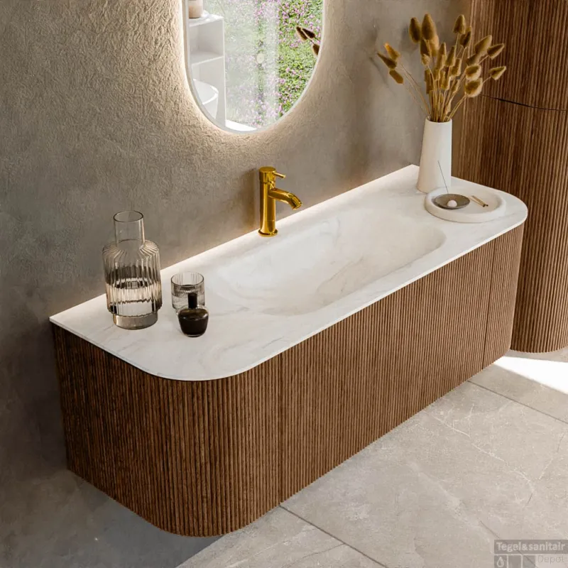 Mondiaz KURVE-DLUX 130 cm Onderkast Greeploos 1 Lade Met Deuren Walnut, Wastafel Solid Surface Midden Ostra 1 Kraangat Zonder Spiegel (KRVBGS130L+R1L2D1KM-Wal/Ost) Fabrieksprijs