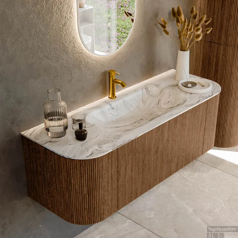 Mondiaz KURVE-DLUX 130 cm Onderkast Greeploos 1 Lade Met Deuren Walnut, Wastafel Solid Surface Midden Glace 1 Kraangat Zonder Spiegel (KRVBGS130L+R1L2D1KM-Wal/Gla) Fabrieksprijs