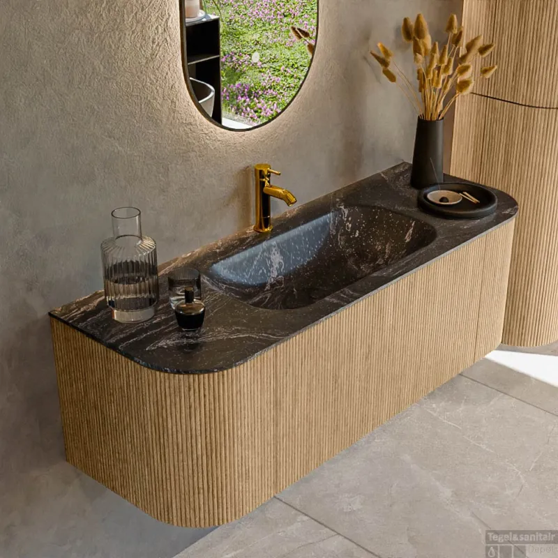 Beste Prijs Mondiaz KURVE-DLUX 130 cm Onderkast Greeploos 1 Lade Met Deuren Oak, Wastafel Solid Surface Midden Lava 1 Kraangat Zonder Spiegel (KRVBGS130L+R1L2D1KM-Oak/Lav)