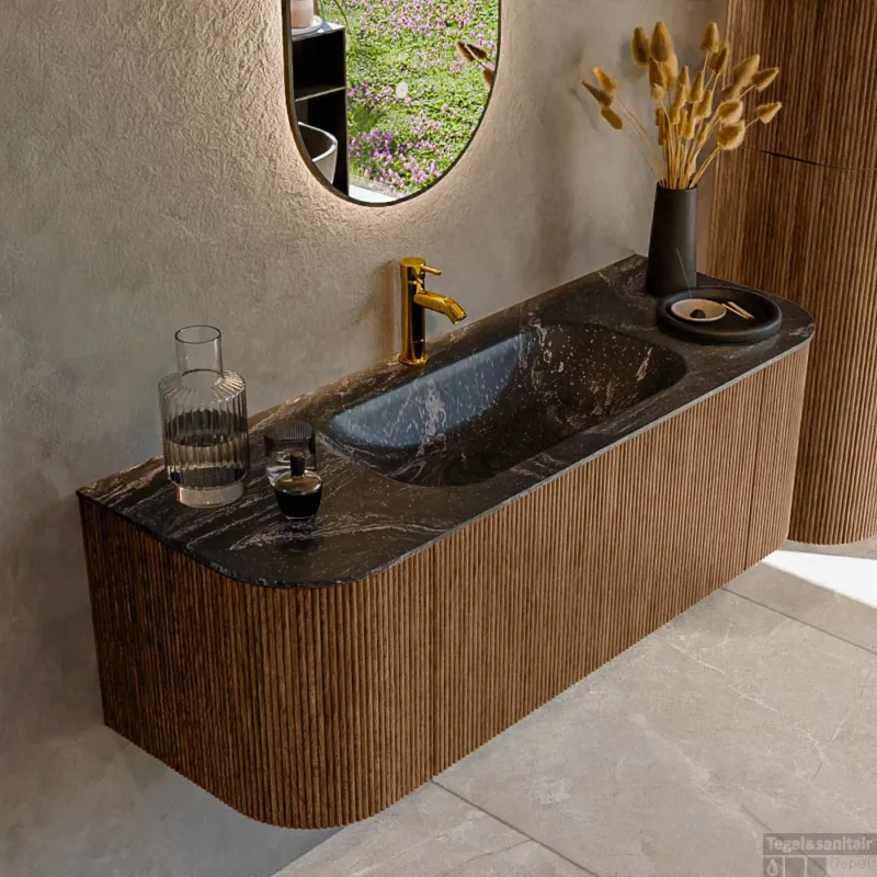 Mondiaz KURVE-DLUX 130 cm Onderkast Greeploos 1 Lade Met Deuren Walnut, Wastafel Solid Surface Midden Lava 1 Kraangat Zonder Spiegel (KRVBGS130L+R1L2D1KM-Wal/Lav) Betaalbaar