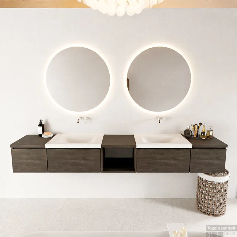 Superprijs MONDIAZ BUKLA 240cm badmeubel met open module 40 midden kleur Dark Brown met 4 lades. Wastafel CLOUD dubbel 0 kraangaten kleur Talc.