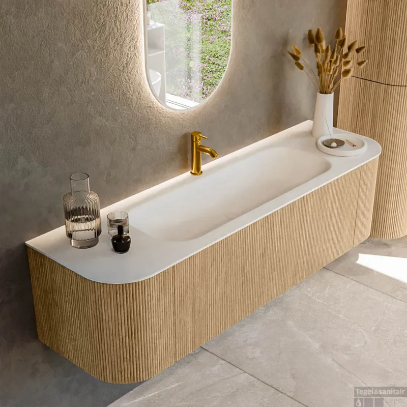 Mondiaz KURVE 160 cm Onderkast Greeploos 1 Lade Met Deuren Oak, Wastafel Solid Surface Midden Talc 1 Kraangat Zonder Spiegel (KRVBGM160L+R1L2D1KM-Oak/Tal) Dagaanbieding